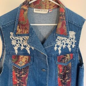 Designs by Julie Denim Vest Lace Trim Snakeskin Print USA Made Womens XL Vintage